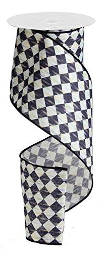 Extra Wide! Black and Cream Checkered Harlequin Wired Ribbon 4" Wide x 10 Yards