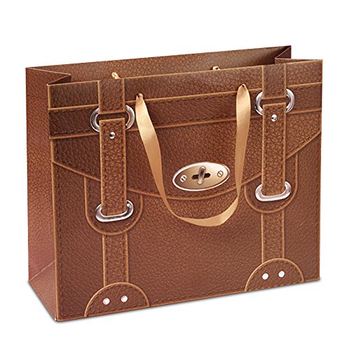 Faux Leather Handbag Paper Gift Bags with Handles, Pack of 12 Medium Brown Gift Bags with Ribbon Handles
