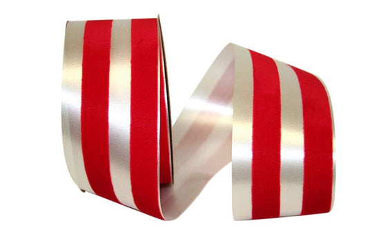 Wide Christmas RIBBON: Pearlized Ivory and Red Velvet Striped Ribbon, 2.5" Wide x 20 Yards