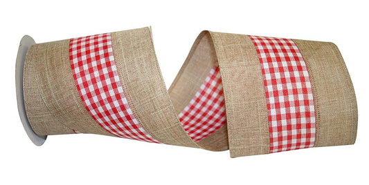 Red Check Ribbon on Beige Linen Fabric, 4" Wide x 10 Yards Woven Wired Red Buffalo Check Ribbon, Red and White Gingham