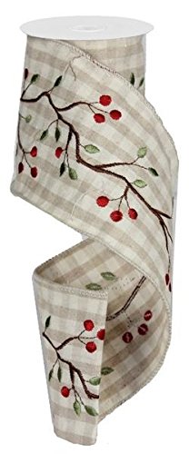 Embroidered Ribbon with Rustic Berry Branch Design, 4" Wide x 10 Yards