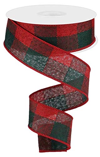 Woven Green & Red Check Ribbon, 1.5" Wide