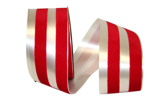 Pearlized Ivory and Red Velvet Striped Ribbon, 2.5" Wide x 20 Yards