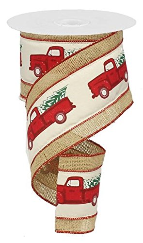 4" Wide Ribbon/Christmas Tree Garland, Vintage Red Pickup Truck w/Christmas Tree