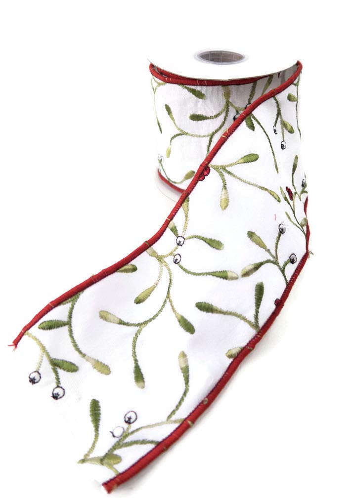 Wired Embroidered Mistletoe Ribbon, 4" wide X 5 yards long