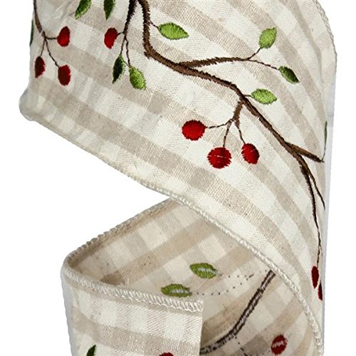 Embroidered Ribbon with Rustic Berry Branch Design, 4" Wide x 10 Yards