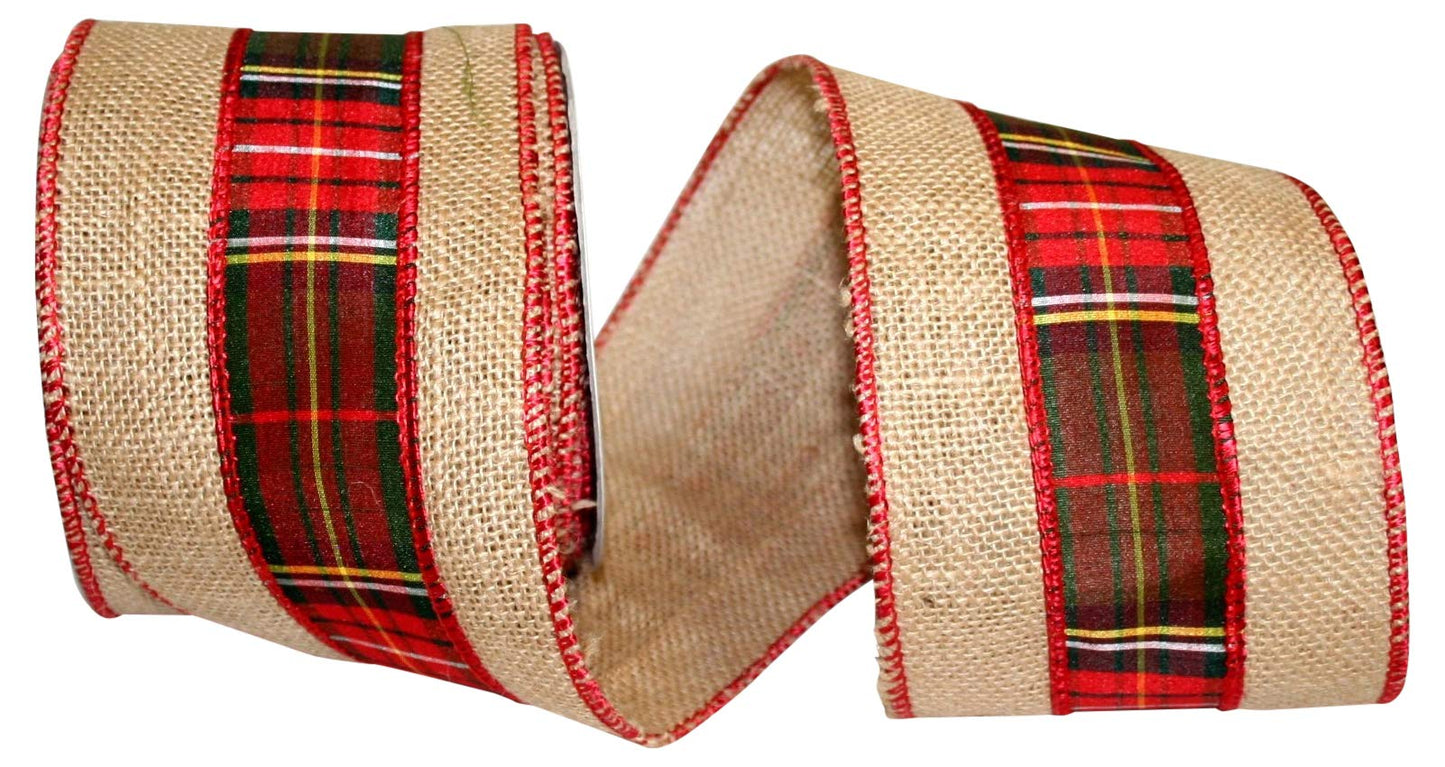 Burlap & Red Plaid Ribbon, 4" wide x 10 yards