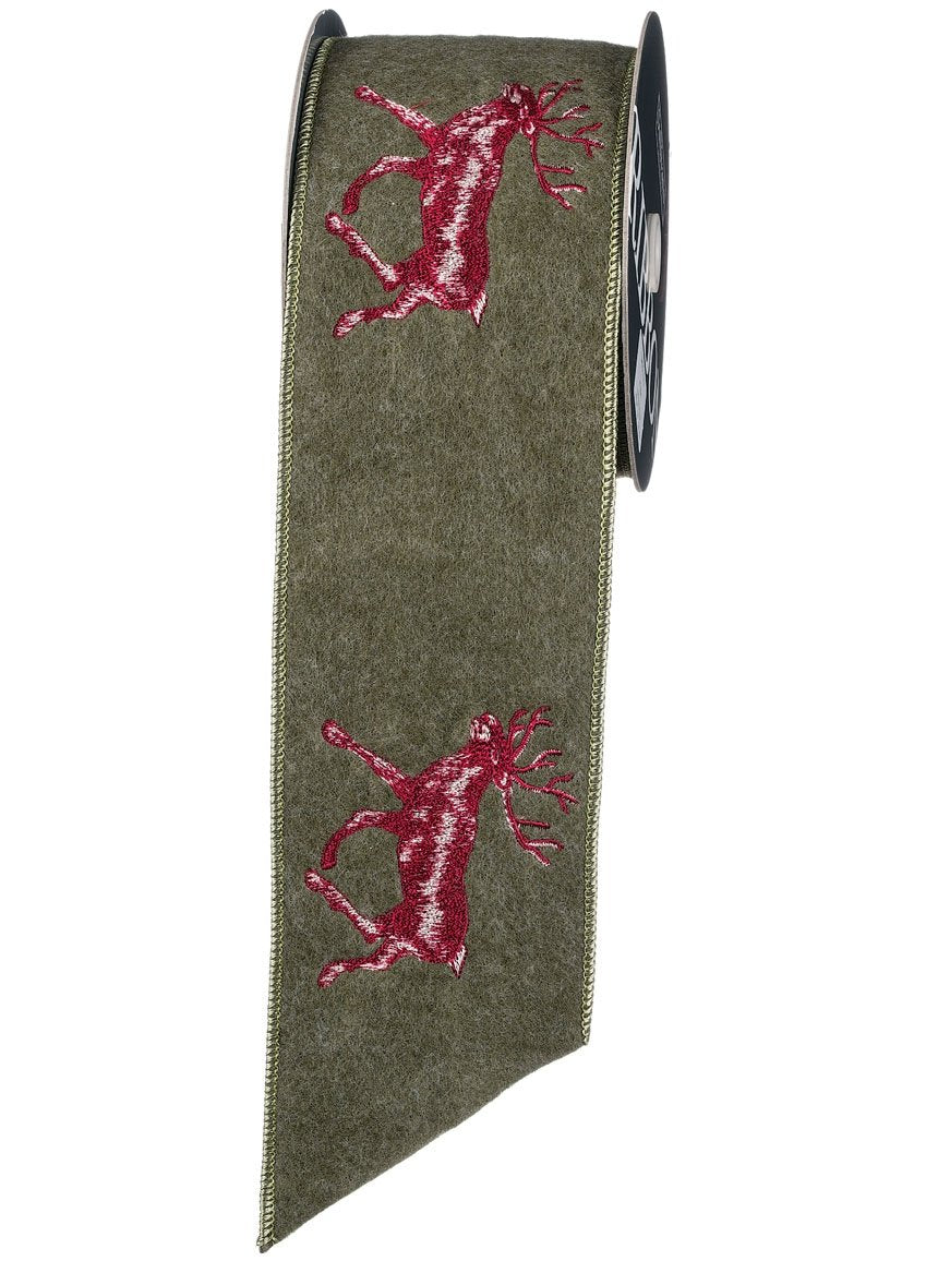 Olive Green Felt with Embroidered Reindeer Ribbon, 4"wide x 5 Yards